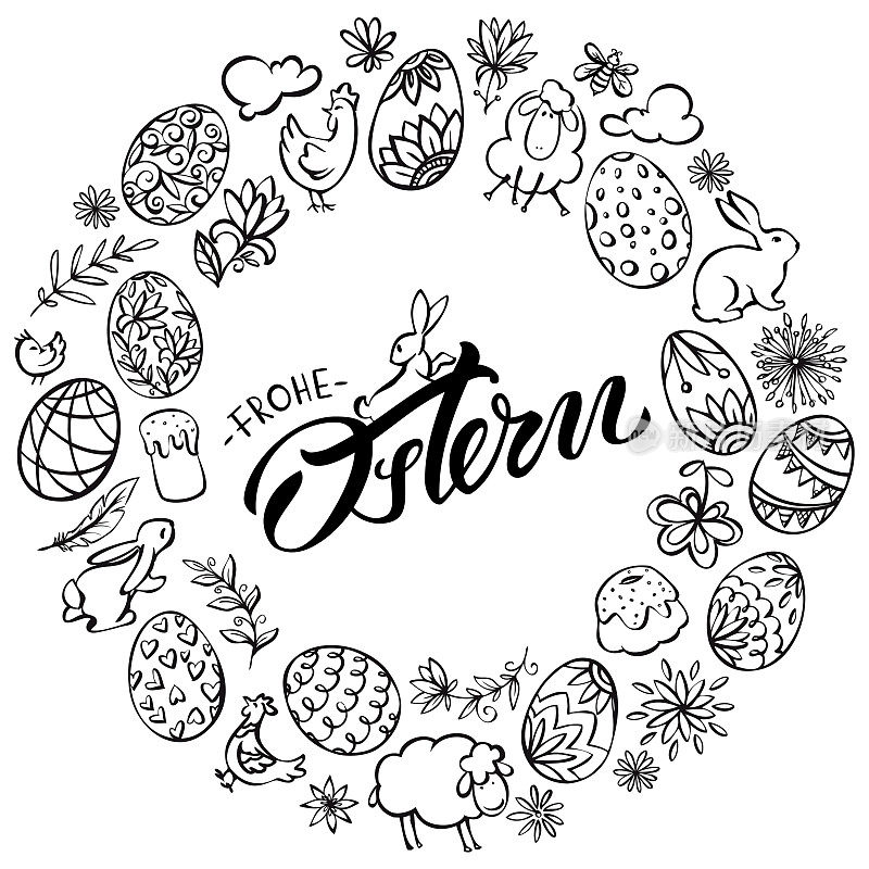 Frohe Ostern (Happy Easter in German language) wreath illustration